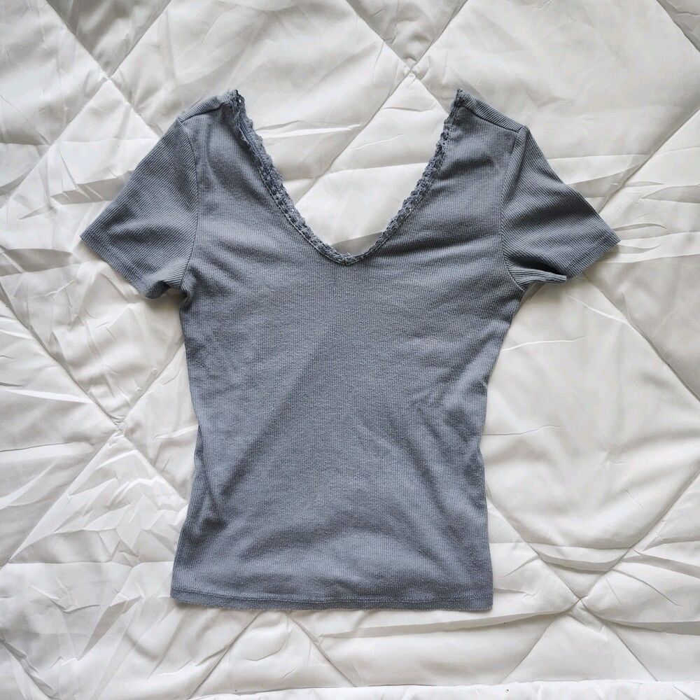 Active USA Blue Ribbed Knit V-Neck Lace Top Size S